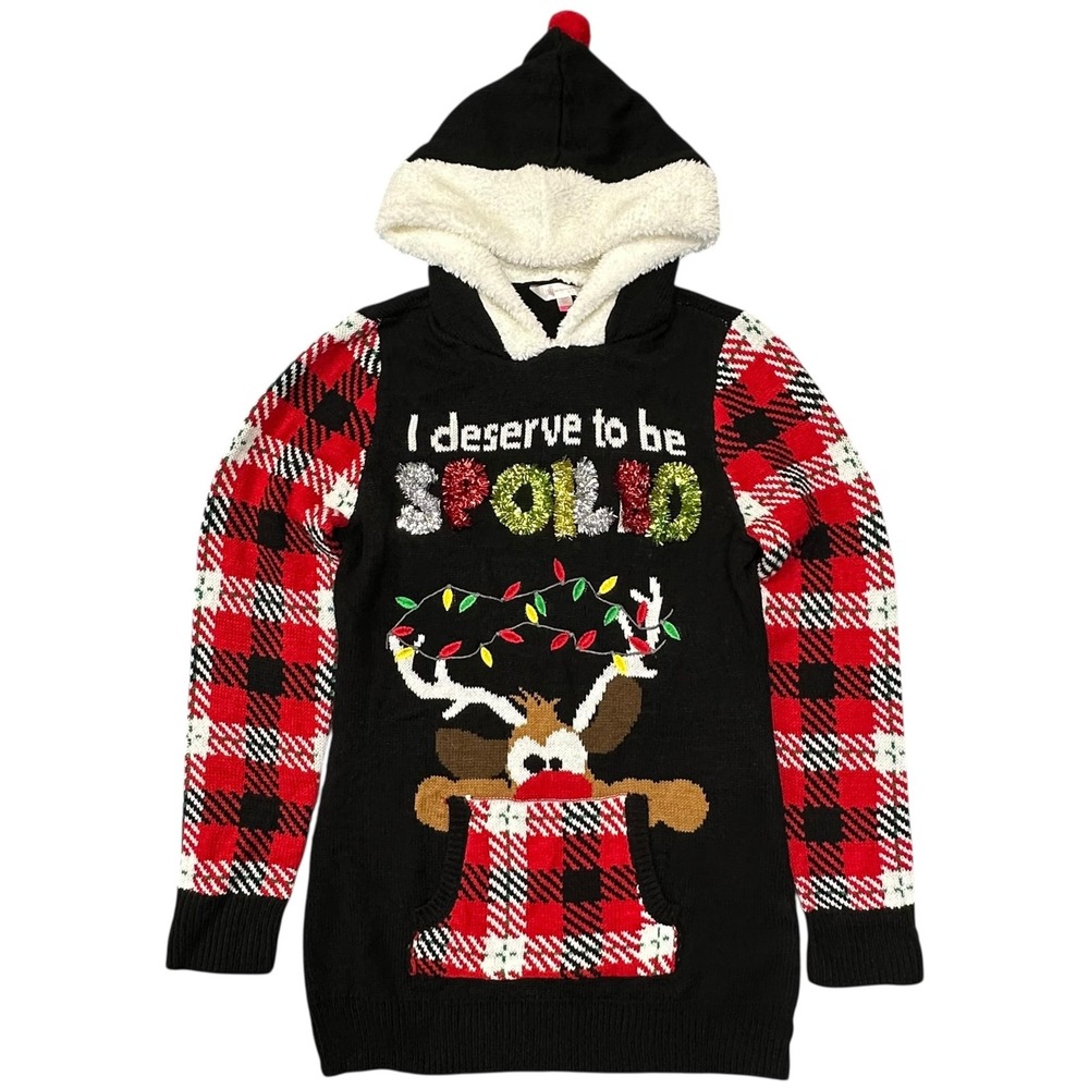 No Boundaries Tunic Sweater Hoodie Juniors M 7-9 Plaid Reindeer Ugly Christmas